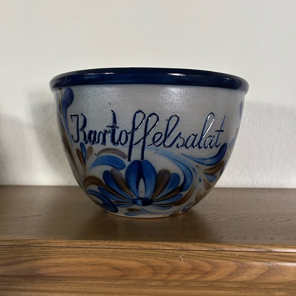 German Hand-Painted VINTAGE Blue Salt Stone Bowl Kartoffelsalat (potatoe salad)